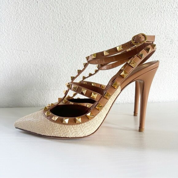 Valentino Garavani Rockstud Brown Leather Raffia Strappy Caged Heels - Picture 2 of 13